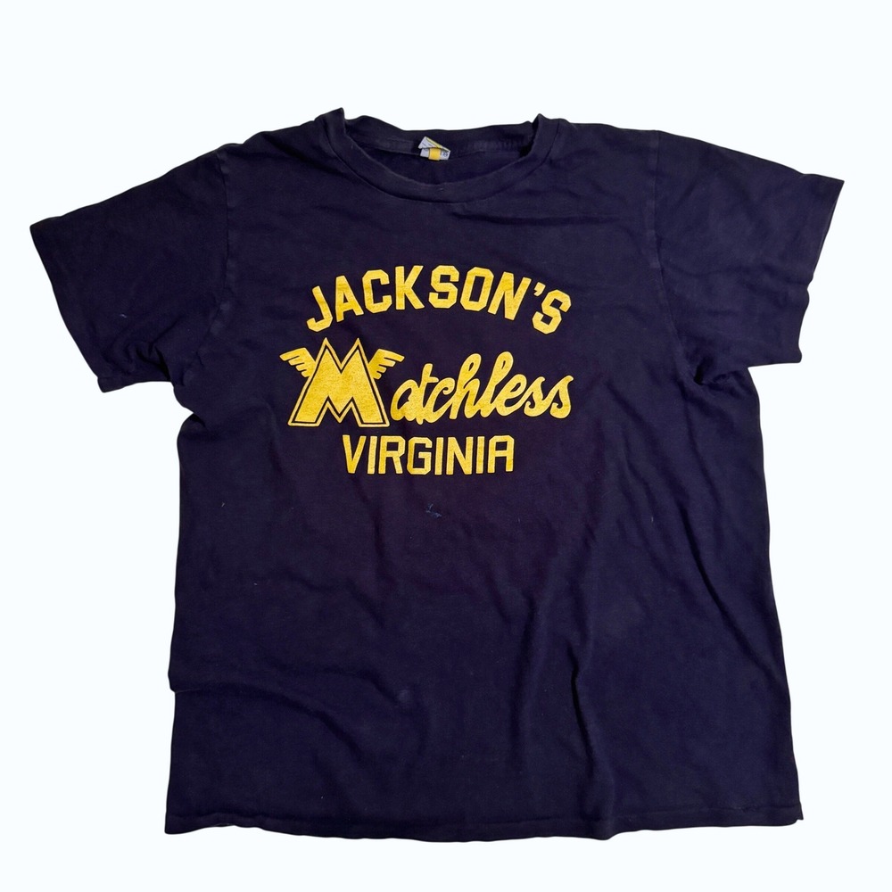 Velva Sheen T-Shirt Large Navy Blue VTG Jacksons Matchless Virginia Graphic USA
